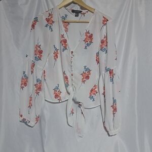 Primark Womens Size 8 White Floral Chiffon Long Sleeve‎ Blouse Tie Front Flawed